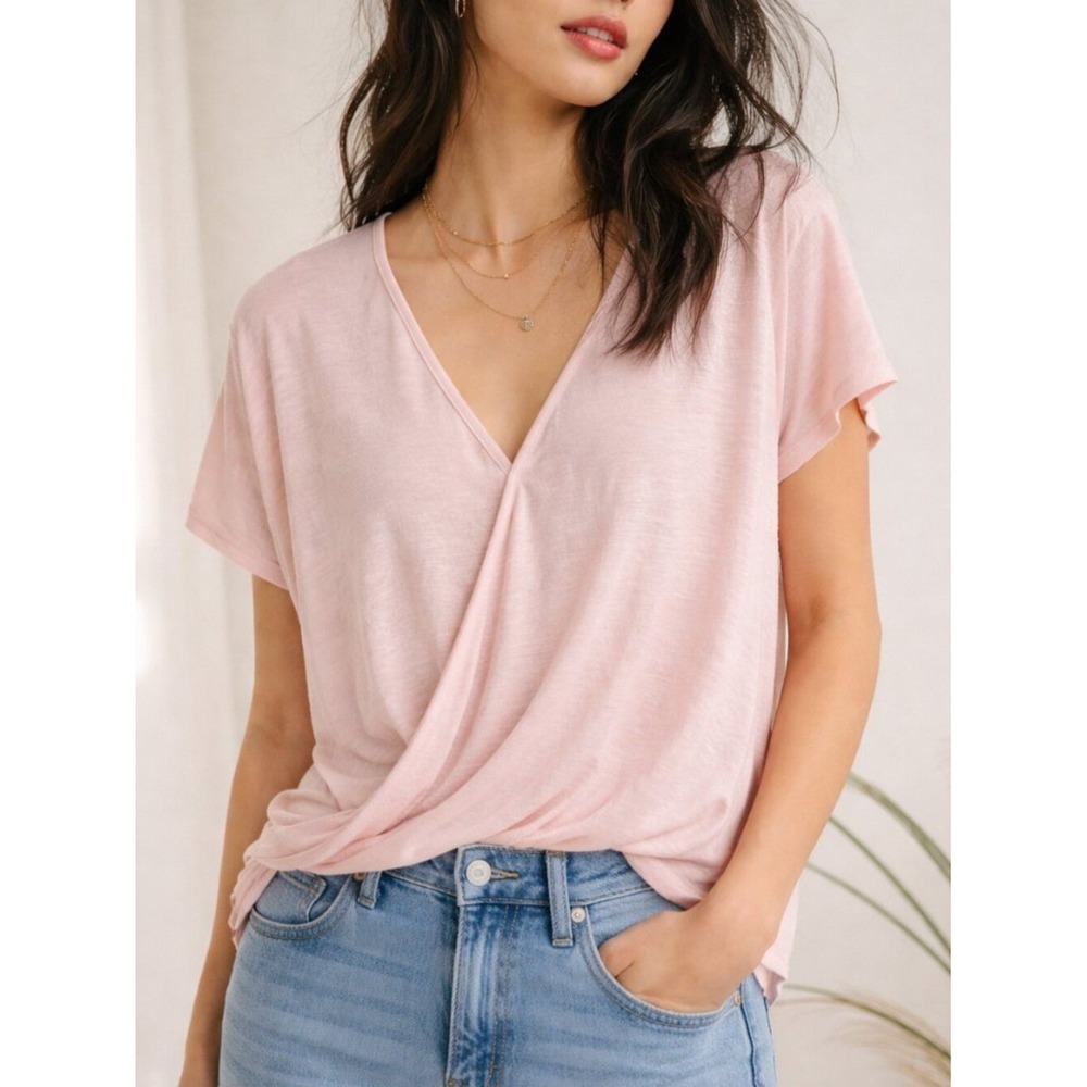 Nation LTD NEW Blush Pink Linen Tissue Knit Faux Wrap Blouse Top SZ Large Boho